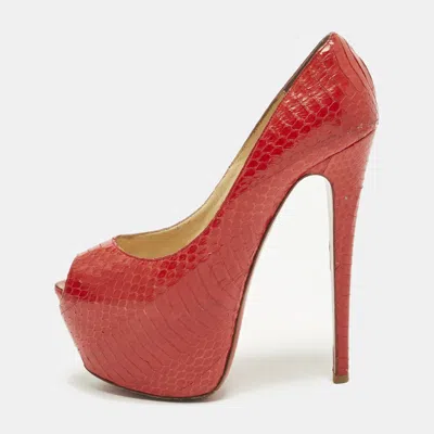 Pre-owned Christian Louboutin Highness Size 38 Red Python Leather Platform Peep Toe Pumps