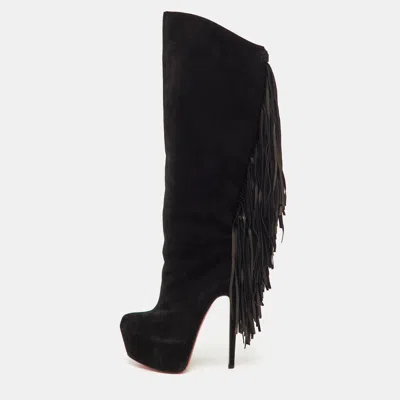 Pre-owned Christian Louboutin Interlopa Fringe Size 37 Black Suede Platform Knee Length Boots