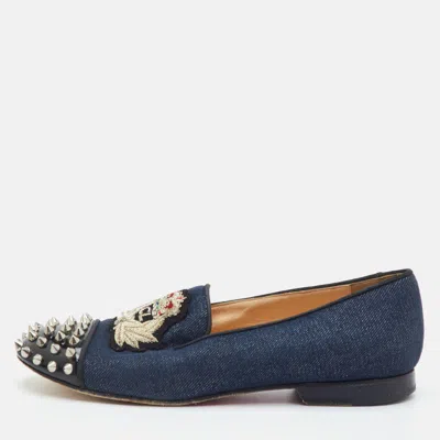 Pre-owned Christian Louboutin Intern Size 36 Navy Blue/black Denim And Patent Leather Spikes Smoking Slippers