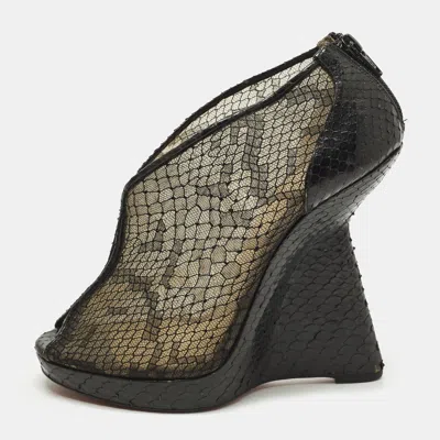 Pre-owned Christian Louboutin Janet Size 39.5 Black Mesh And Python Leather Ankle Length Boots