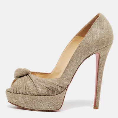 Pre-owned Christian Louboutin Jenny Size 38.5 Beige Canvas Knotted Peep Toe Platform Pumps In Sand