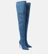 Christian Louboutin Kate Denim Embroidered Red Sole Over-the-knee Boots In Blue