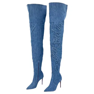 Pre-owned Christian Louboutin Kate Botta Alta 100 Loubi Jeans Thigh High Boots 36.5 In Blue