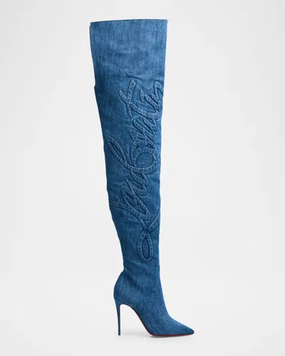 Christian Louboutin Kate Denim Embroidered Red Sole Over-the-knee Boots In Brut