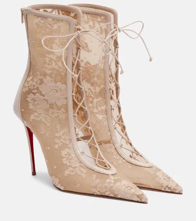 Christian Louboutin Km 100 Lace-trimmed Leather Ankle Boots In Brown