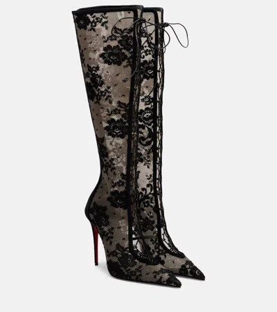 Christian Louboutin Km 100 Lace-trimmed Leather Knee-high Boots In Black