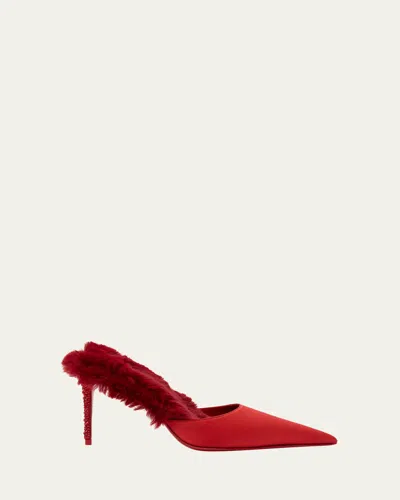 CHRISTIAN LOUBOUTIN KM FAUX FUR SATIN MULE PUMPS