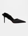 Christian Louboutin Km Faux Fur Satin Mule Pumps In Black