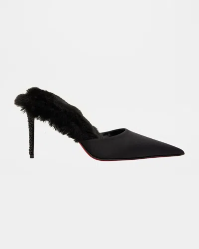 CHRISTIAN LOUBOUTIN KM FAUX FUR SATIN MULE PUMPS