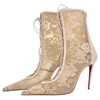 Pre-owned Christian Louboutin Km Lace Booty 100 Corset Lace Pointed Toe Boots 42 In Beige