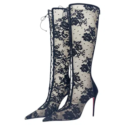 Pre-owned Christian Louboutin Km Lace Botta 100 Pointed Toe Knee High Stiletto Boots 40.5 In Black