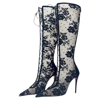 Pre-owned Christian Louboutin Km Lace Botta 100 Pointed Toe Knee High Stiletto Boots 41 In Black