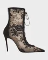 Christian Louboutin Floral Mesh Red Sole Lace-up Booties In Black