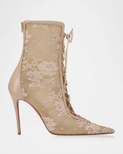 Christian Louboutin Km Lace Red-sole Booties In Brown