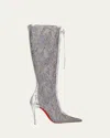 Christian Louboutin Km Lace Strass Red Sole Knee-high Boots In Silver