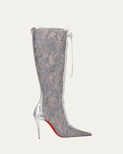 Christian Louboutin Km Lace Strass Red Sole Knee-high Boots In Silver