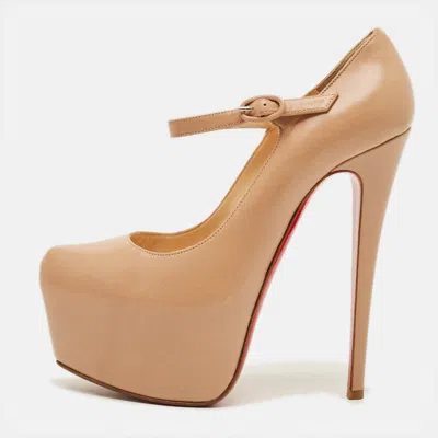 Pre-owned Christian Louboutin Lady Daf Size 37 Beige Leather Platform Mary Jane Pumps In Sand
