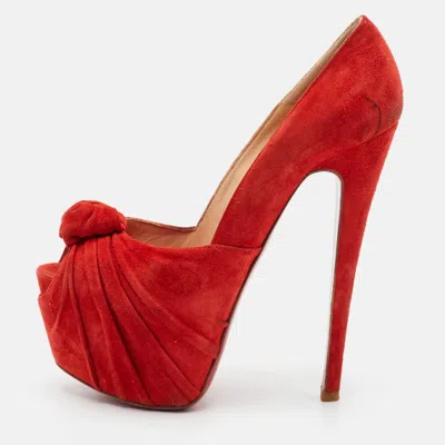 Pre-owned Christian Louboutin Lady Gres Size 35.5 Red Suede Knot Peep Toe Platform Pumps
