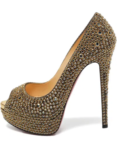 Pre-owned Christian Louboutin Lady Peep Crystal-embellished Pumps In Gold