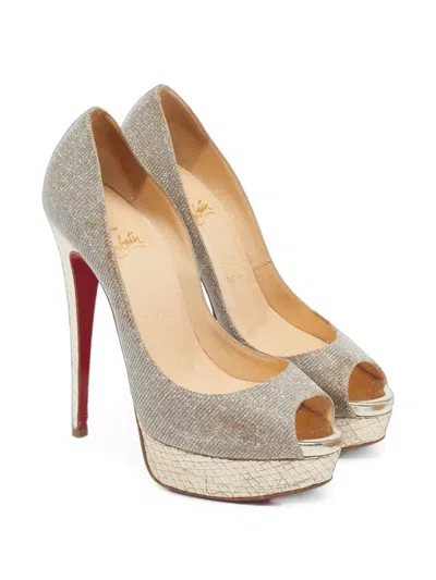 Pre-owned Christian Louboutin Lady Peep Python-embossed Sandals In Gold
