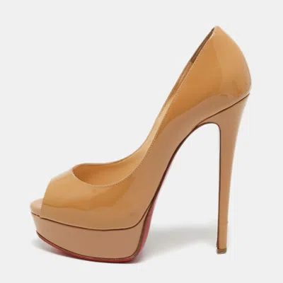 Pre-owned Christian Louboutin Lady Peep Size 36.5 Beige Patent Leather Platform Pumps In Sand
