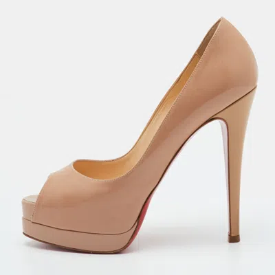 Pre-owned Christian Louboutin Lady Peep Size 37 Beige Patent Leather Platform Peep Toe Pumps In Sand