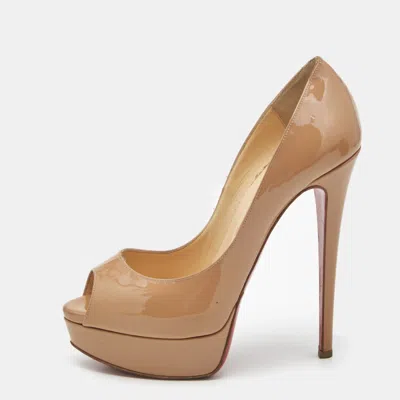 Pre-owned Christian Louboutin Lady Peep Size 37 Beige Patent Leather Platform Pumps
