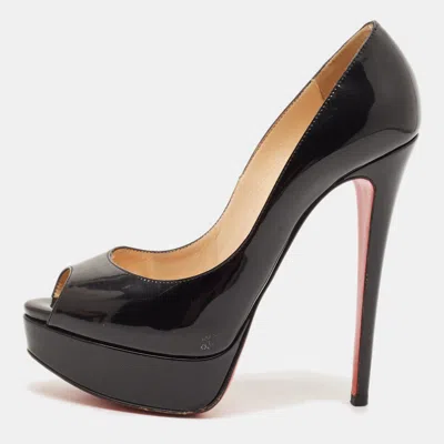 Pre-owned Christian Louboutin Lady Peep Size 37 Black Patent Leather Platform Pumps
