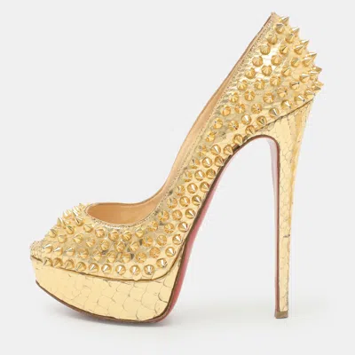 Pre-owned Christian Louboutin Lady Peep Size 37 Gold Python Leather Pumps