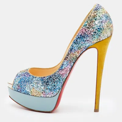 Pre-owned Christian Louboutin Lady Peep Size 37 Multicolor Glitter Peep Toe Platform Pumps