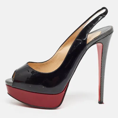 Pre-owned Christian Louboutin Lady Peep Size 37.5 Tricolor Patent Leather Platform Slingback Sandals In Black
