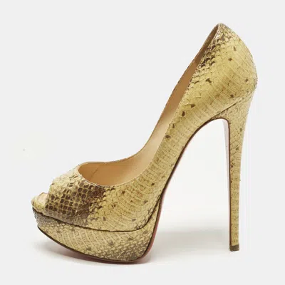 Pre-owned Christian Louboutin Lady Peep Size 37.5 Two Tone Python Leather Platform Pumps In Sand