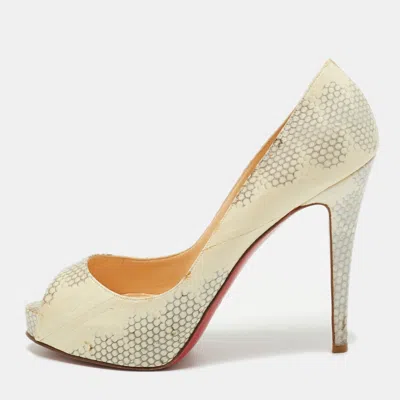 Pre-owned Christian Louboutin Lady Peep Size 38.5 Cream Python Embossed Leather Peep Toe Pumps In White