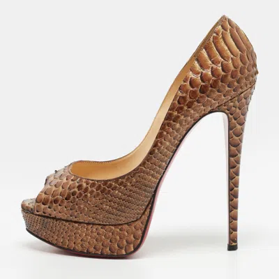 Pre-owned Christian Louboutin Lady Peep Size 38.5 Gold Python Leather Platform Pumps