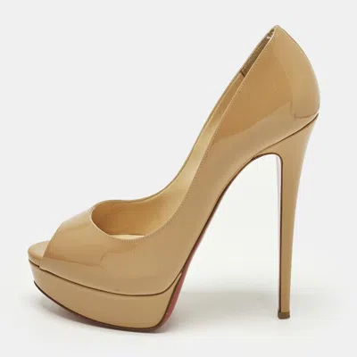 Pre-owned Christian Louboutin Lady Peep Size 39 Beige Patent Leather Platform Pumps In Sand