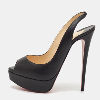 Pre-owned Christian Louboutin Lady Peep Size 39 Black Leather Platform Slingback Sandals