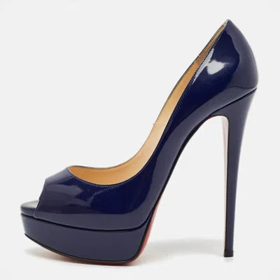 Pre-owned Christian Louboutin Lady Peep Size 39 Navy Blue Patent Leather Platform Pumps
