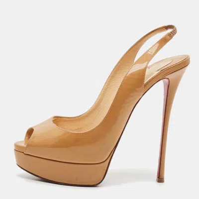 Pre-owned Christian Louboutin Lady Peep Size 39.5 Beige Patent Leather Peep Toe Slingback Pumps In Sand