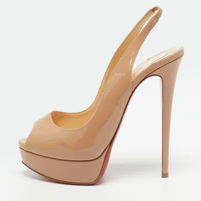 Pre-owned Christian Louboutin Lady Peep Size 39.5 Beige Patent Leather Platform Sandals