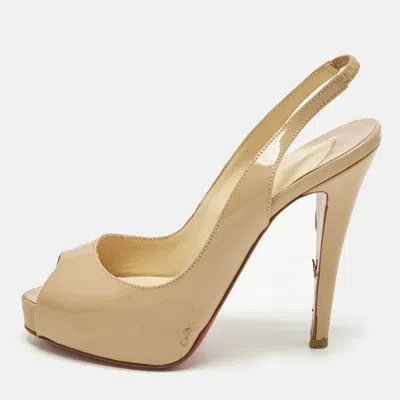 Pre-owned Christian Louboutin Lady Peep Sling Size 35 Beige Patent Leather Platform Pumps In Sand