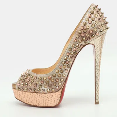 Pre-owned Christian Louboutin Lady Peep Spike Size 37.5 Metallic Leather Peep Toe Pumps