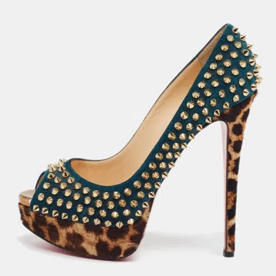Pre-owned Christian Louboutin Lady Peep Spikes Size 38 Multicolor Calf Hair And Suede Platform Pumps