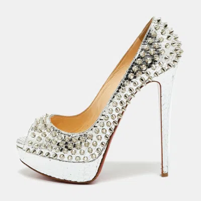 Pre-owned Christian Louboutin Lady Peep Spikes Size 39.5 Silver Python Leather Platform Pumps