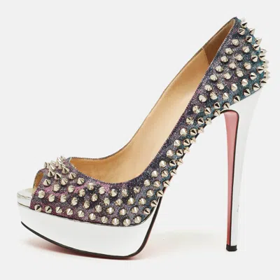 Pre-owned Christian Louboutin Lady Peep Spikes Size 39.5 Two Tone Lurex Fabric Platform Pumps In Silver