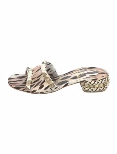 Pre-owned Christian Louboutin Leather Animal Print Slides In Silver