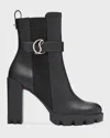 Christian Louboutin Leather Buckle Red Lug Sole Chelsea Booties In Black