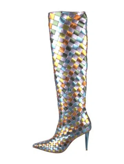 Pre-owned Christian Louboutin Leather Colorblock Pattern Boots In Purple