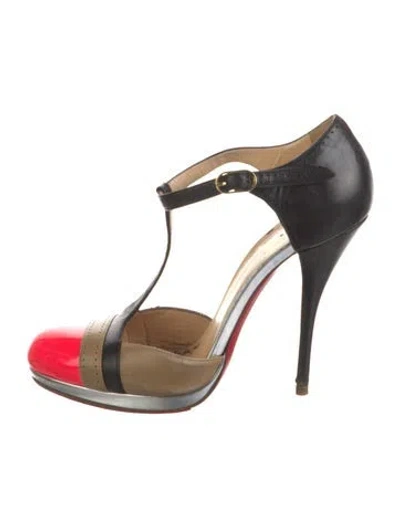 Pre-owned Christian Louboutin Leather Colorblock Pattern T-strap Pumps In Multi