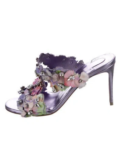 Pre-owned Christian Louboutin Leather Crystal Embellishments Slides In Purple