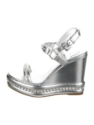 Pre-owned Christian Louboutin Leather Crystal Embellishments Slingback Sandals In Silver